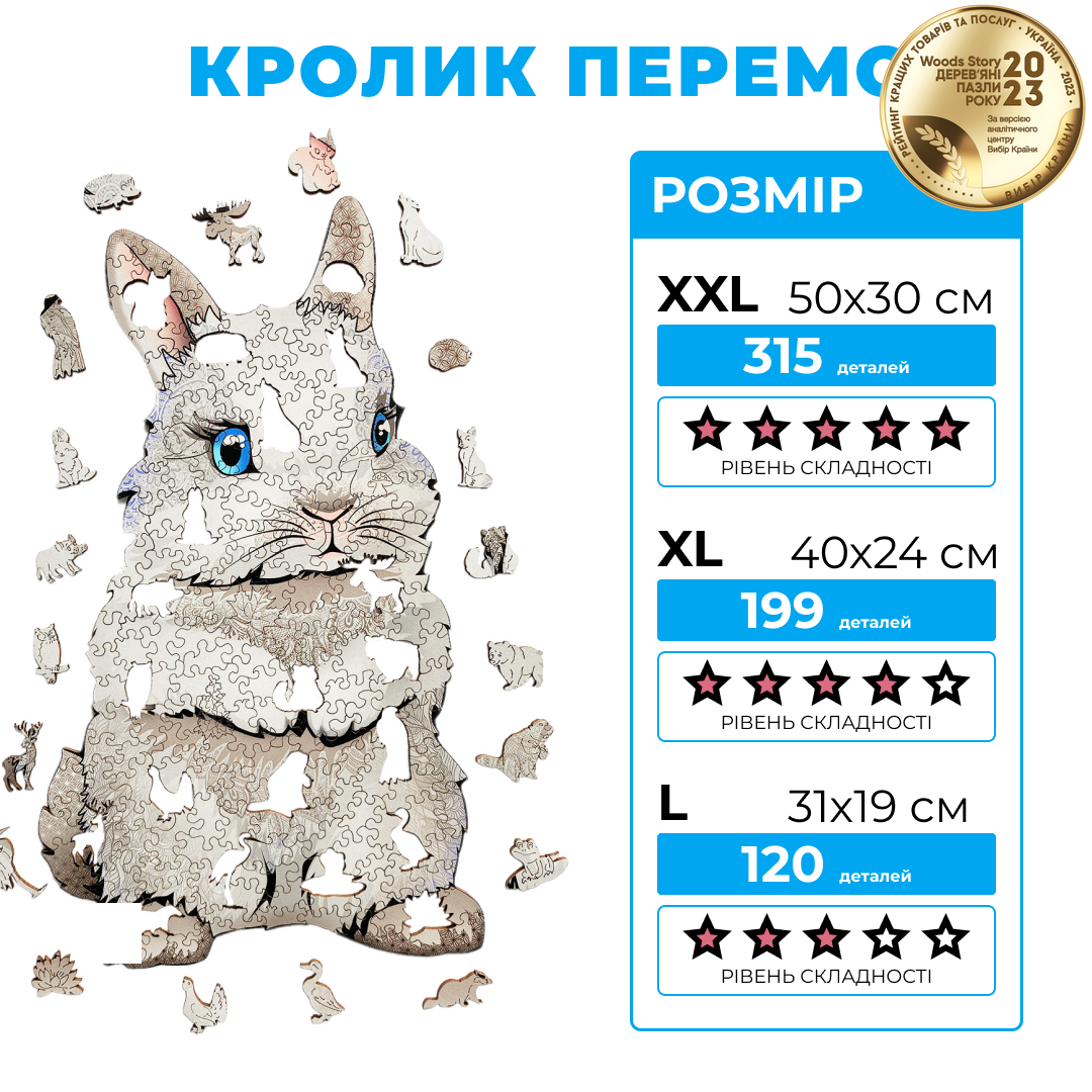 Фигурный деревянный пазл Кролик (Кролик Победы) XL