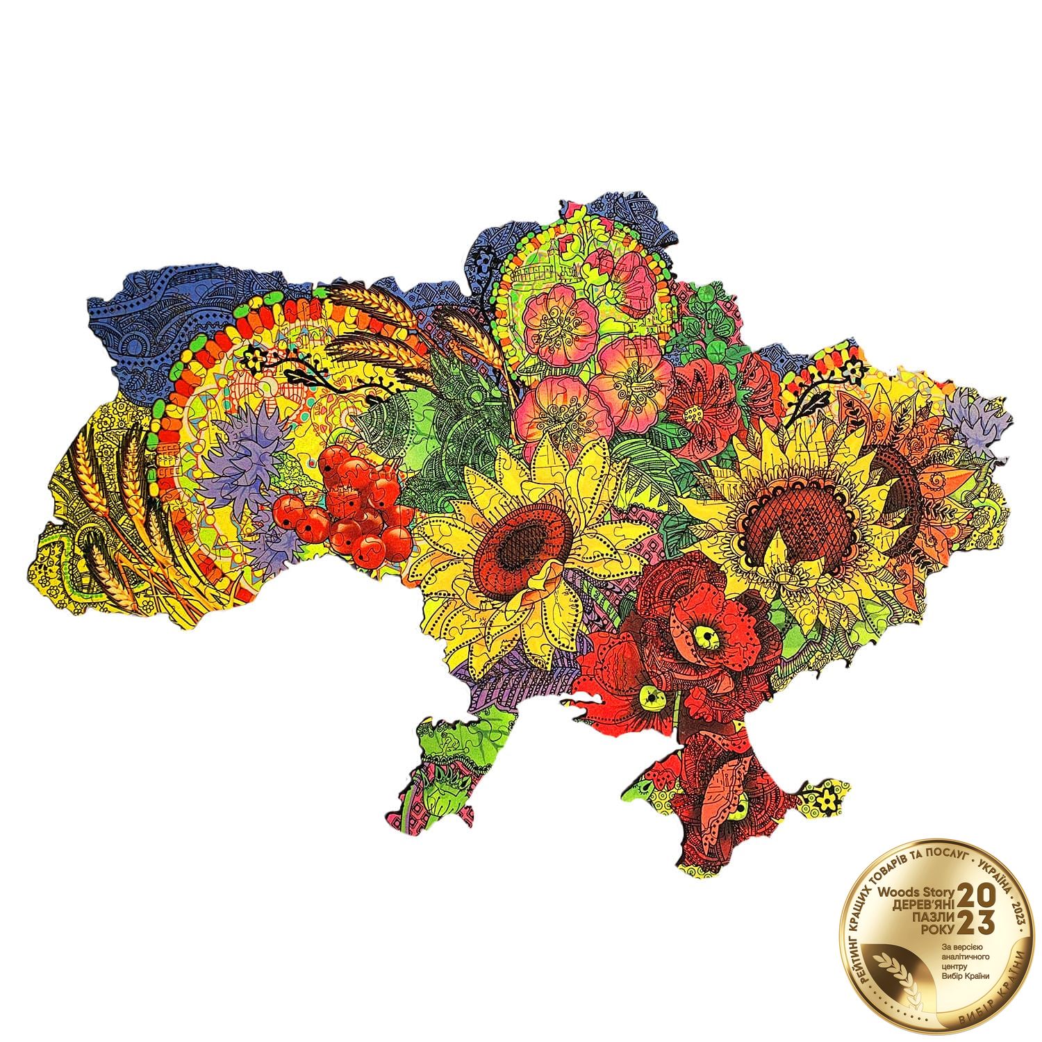 Патриотический деревянный пазл Карта Украины цветочная L