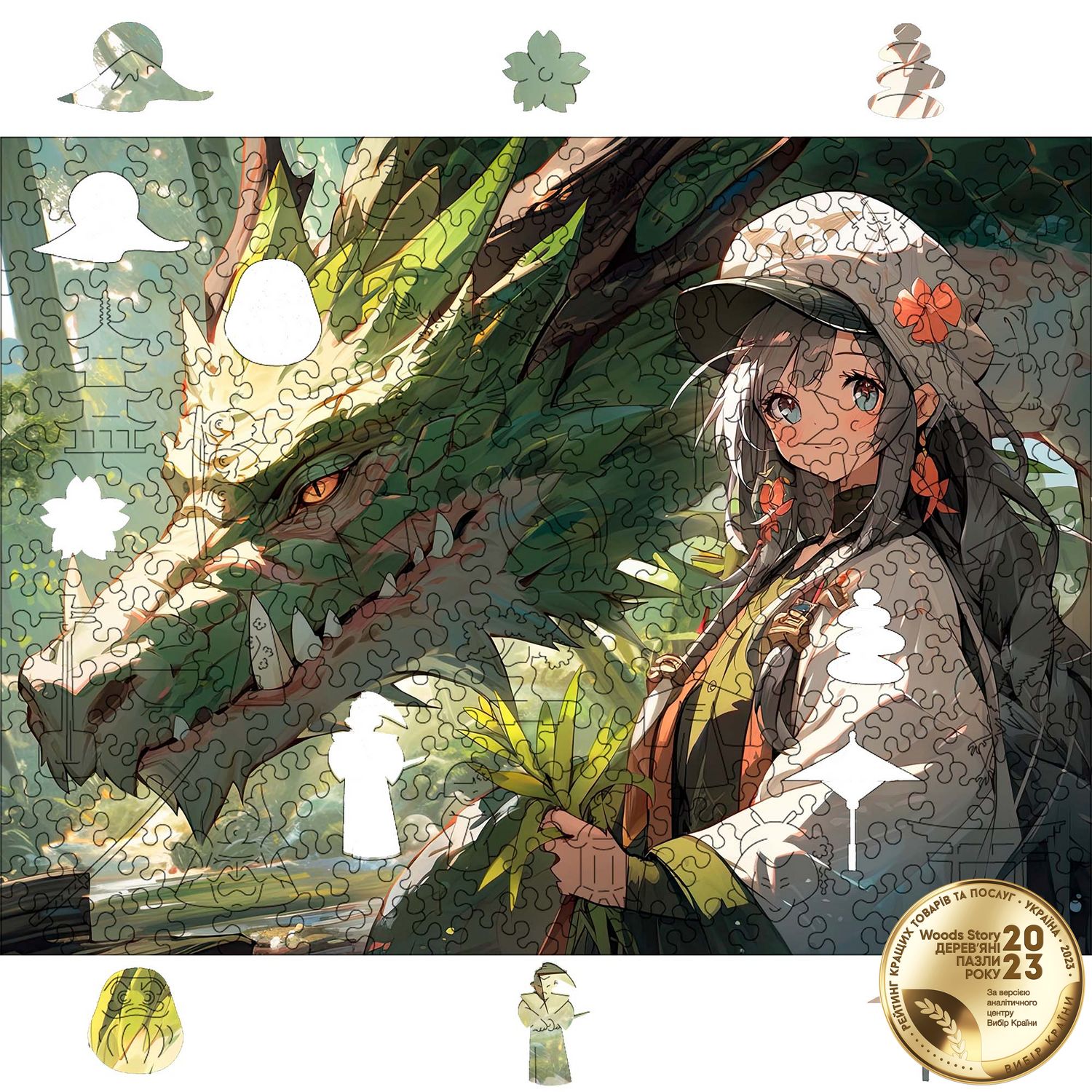 Деревянный пазл Аниме (Девушка с зеленым драконом) XL