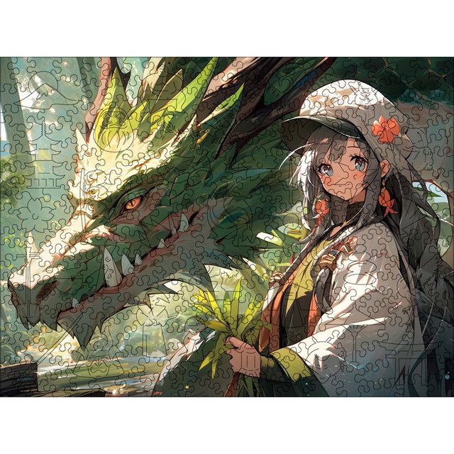 Деревянный пазл Аниме (Девушка с зеленым драконом) XL